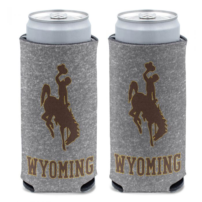 two cans in heather grey slim can coolers, design is brown bucking horse outlined in gold, brown word Wyoming outlined in gold