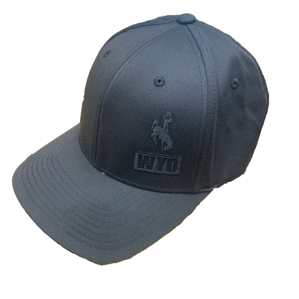 dark grey, flex fit style hat. Bucking horse and slogan WYO embroidered in dark grey on front left of hat