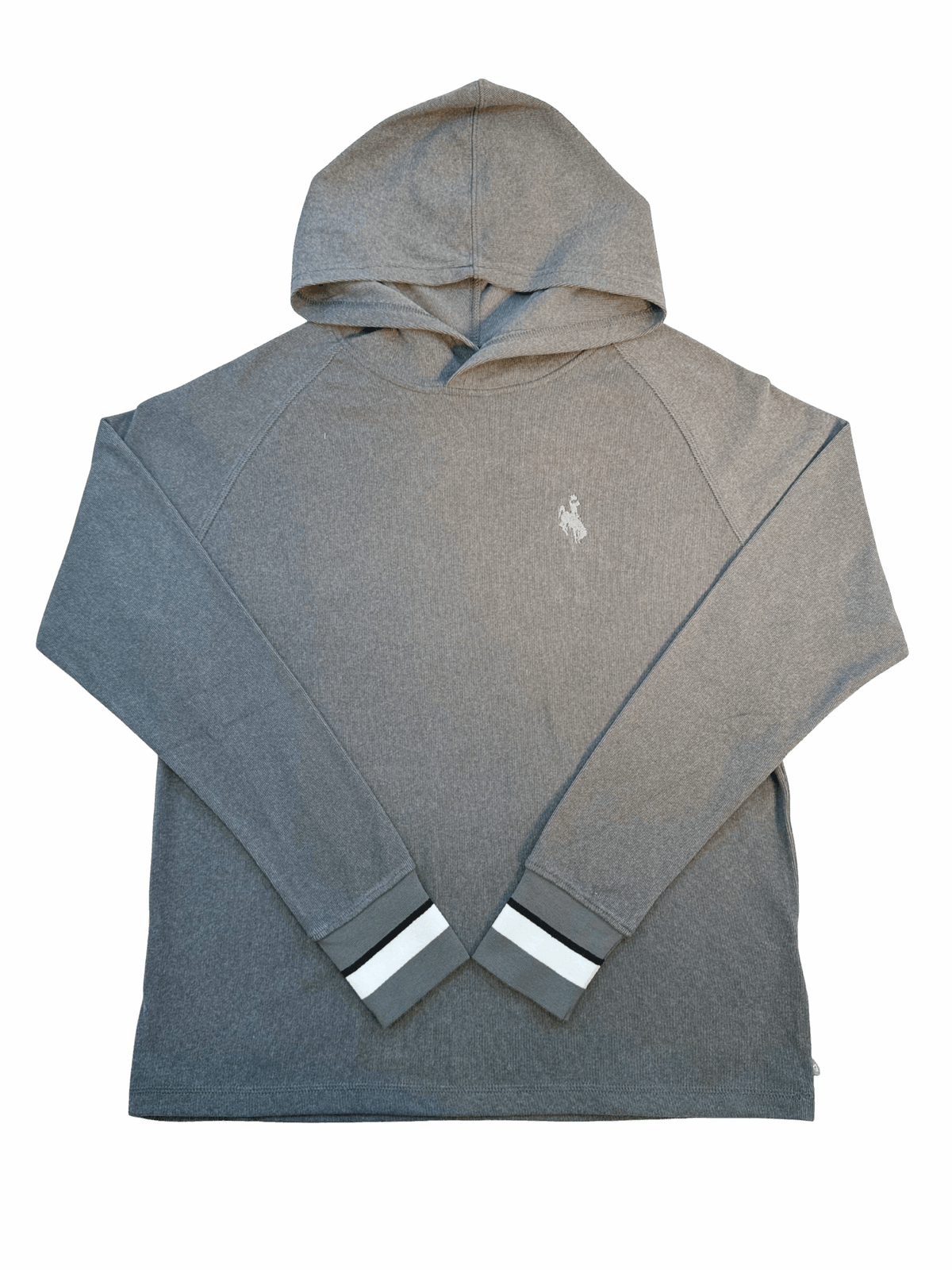 charcoal womens hooded light jacket. has small embroidered bucking horse onleft chest and a white and black stripe on wrist cuffs