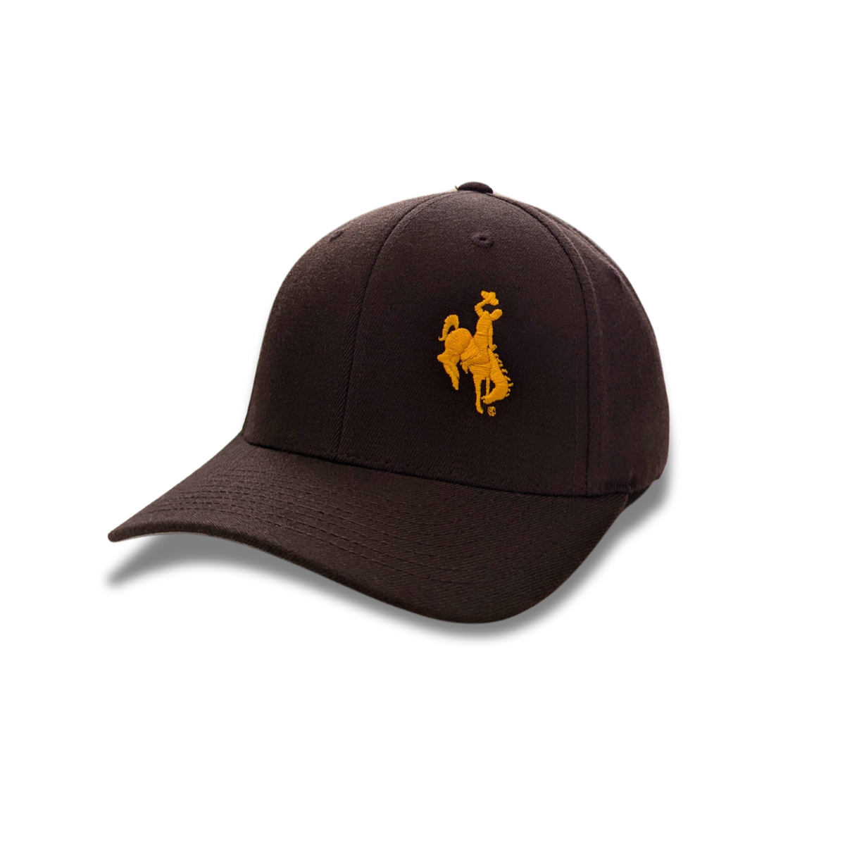 Brown flex fit hat with offset gold embroidered bucking horse on front left panel. Gold pokes on back