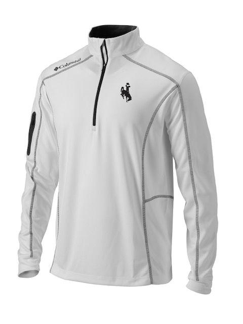 white, Columbia brand 1/4 zip jacket. black trim on jacket with black bucking horse embroidered on left chest