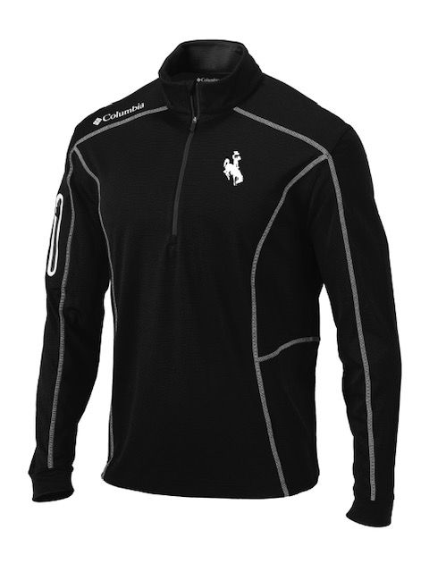 black, Columbia brand 1/4 zip jacket. White trim on jacket with white bucking horse embroidered on left chest