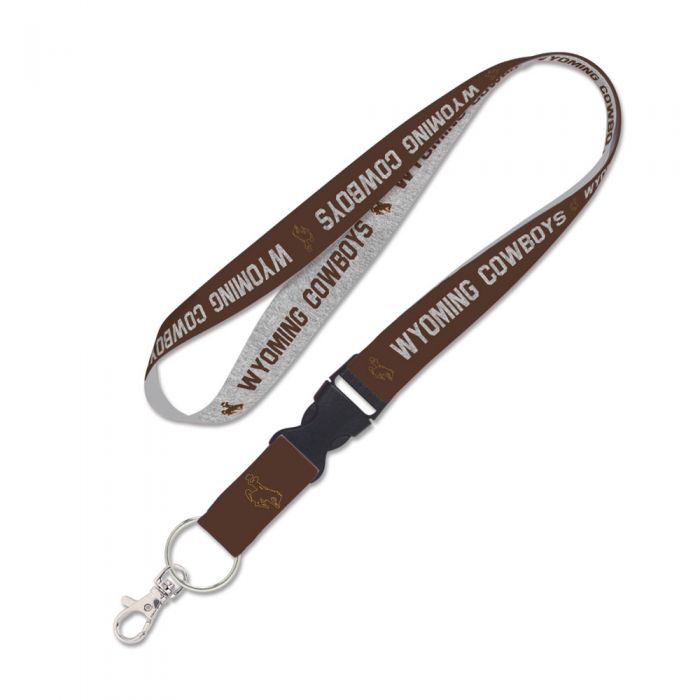 1 inch wide, detachable lanyard. brown on one side, grey on other side. bucking horse with slogan Wyoming Cowboys printed and repeated along lanyard