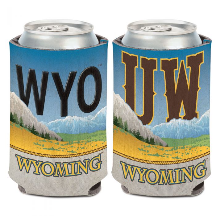 neoprene license plate print cooler. Wyoming mountain landscape and license plate printed on either side