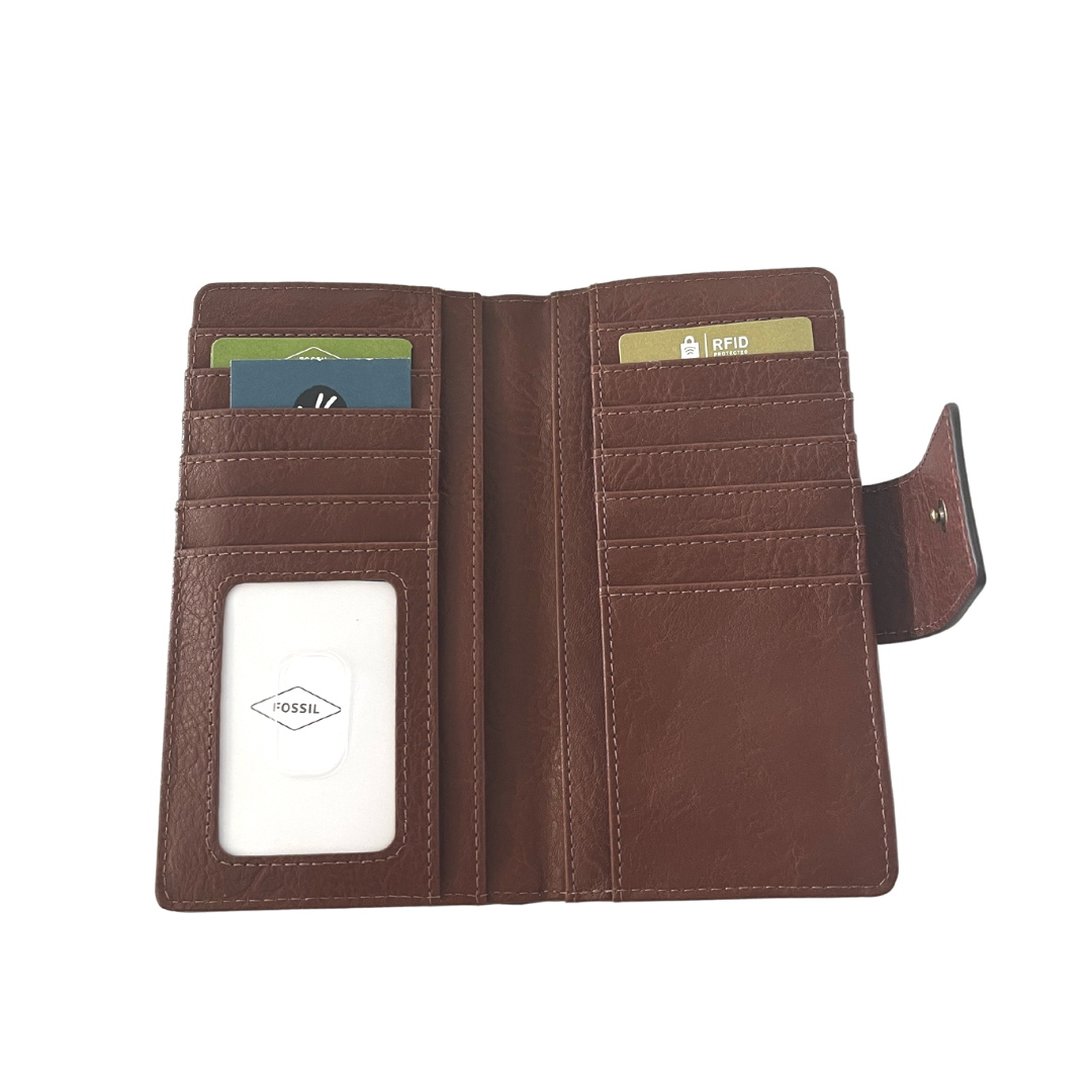 brown leather wallet laying open, 13 card slots including one clear ID pocket, 3 example cards in pocket, leather closure with snap on right side, 4 cash vertical pockets