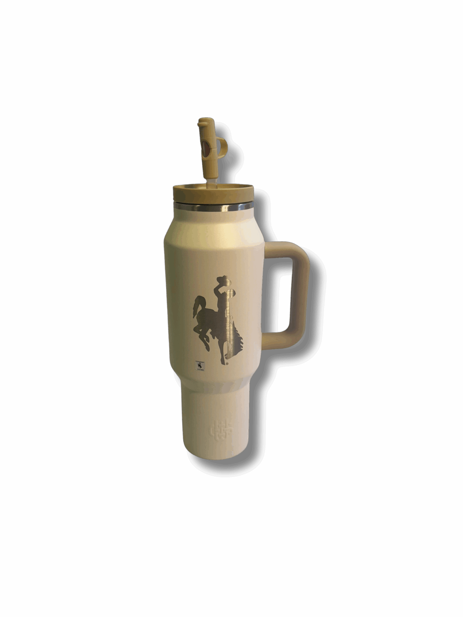cream and tan 40oz. tumbler. fully insulated with a straw lid. top and handle are tan and cream body. etched bucking horse