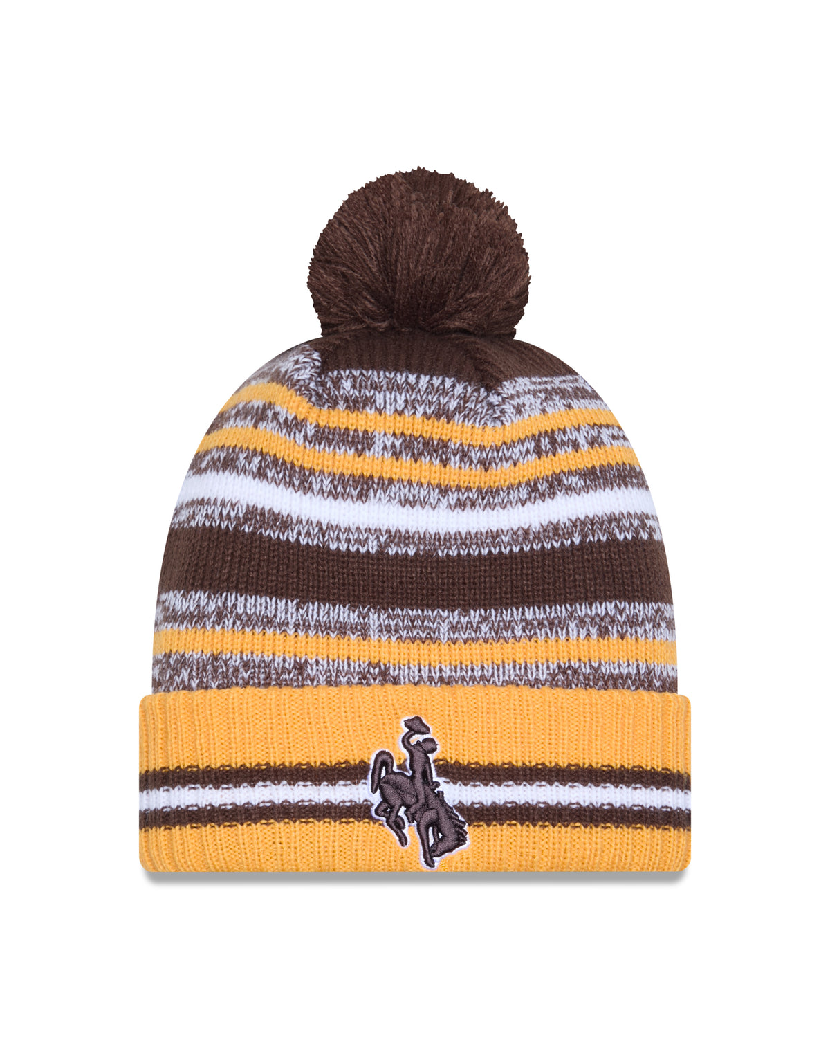 Brown and gold beanie with brown pom. Has bucking horse logo embroidered on front in brown.