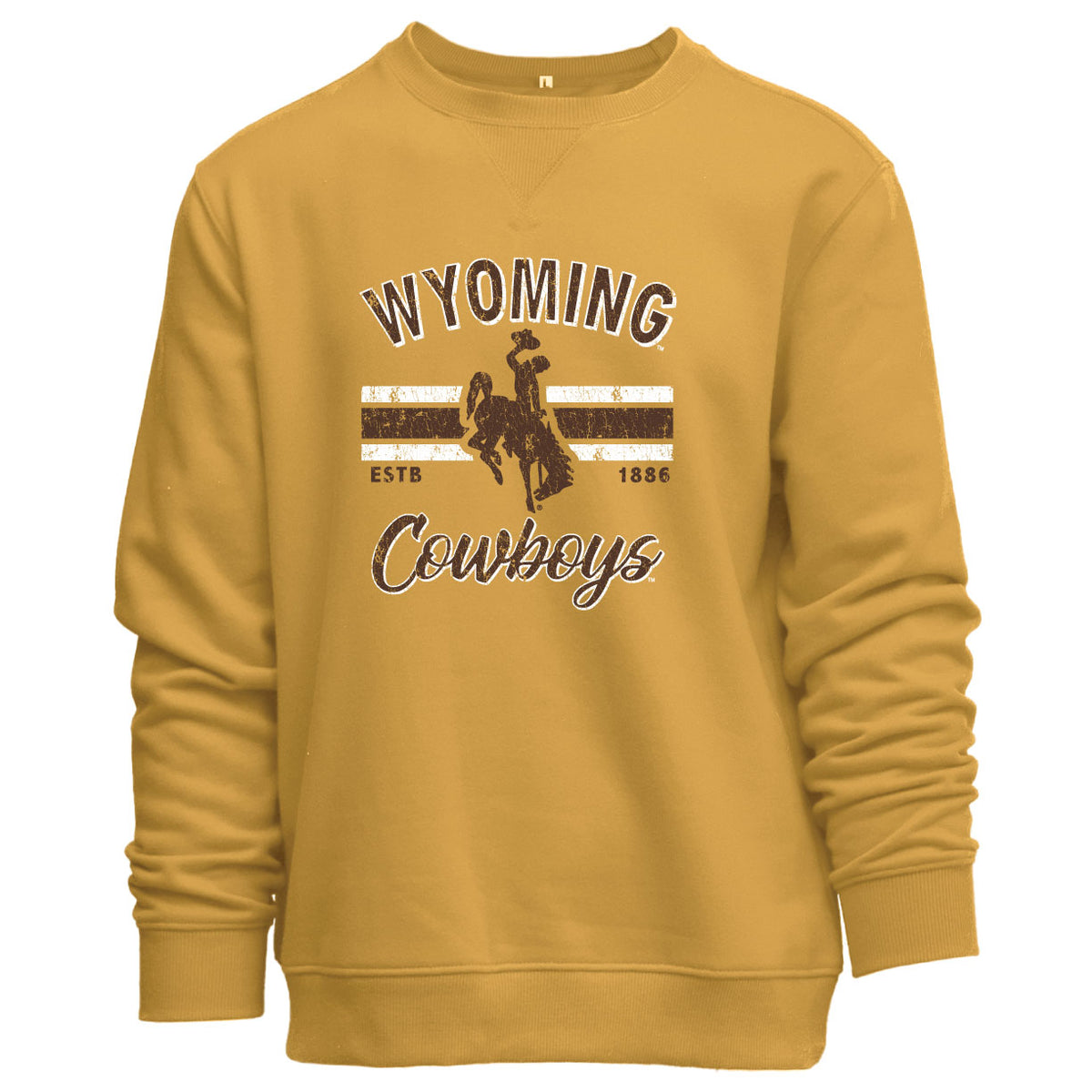 A mustard yellow crewneck sweatshirt featuring a 'Wyoming Cowboys' graphic on the chest with a bucking horse logo and horizontal stripes on the front in brown and white. Pictured on a white background.