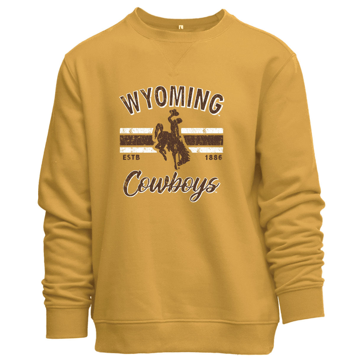 A mustard yellow crewneck sweatshirt featuring a 'Wyoming Cowboys' graphic on the chest with a bucking horse logo and horizontal stripes on the front in brown and white. Pictured on a white background.