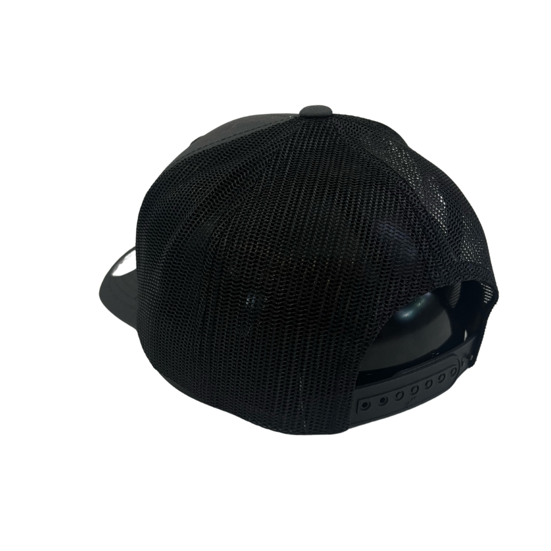 back view of structured, mid profile adjustable hat. black plastic, snap back closure