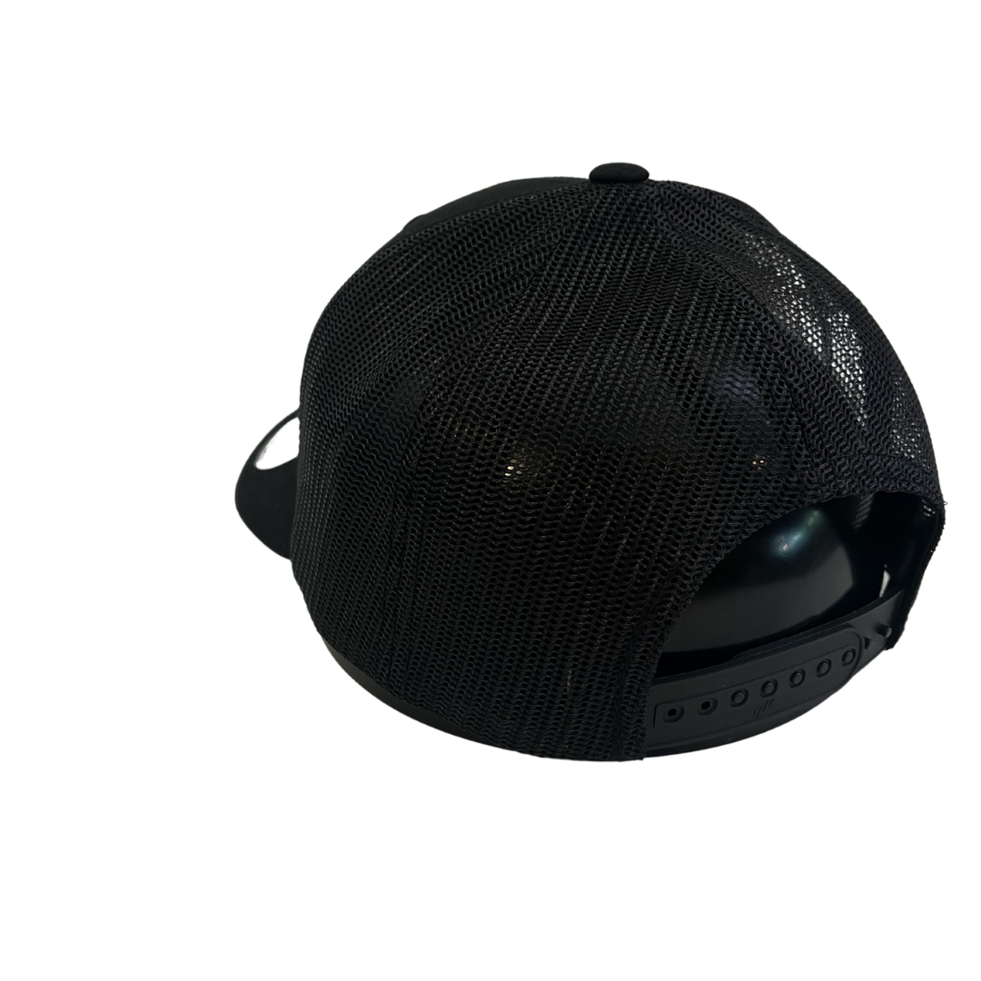 back view of structured, mid profile adjustable hat. black plastic, snap back closure