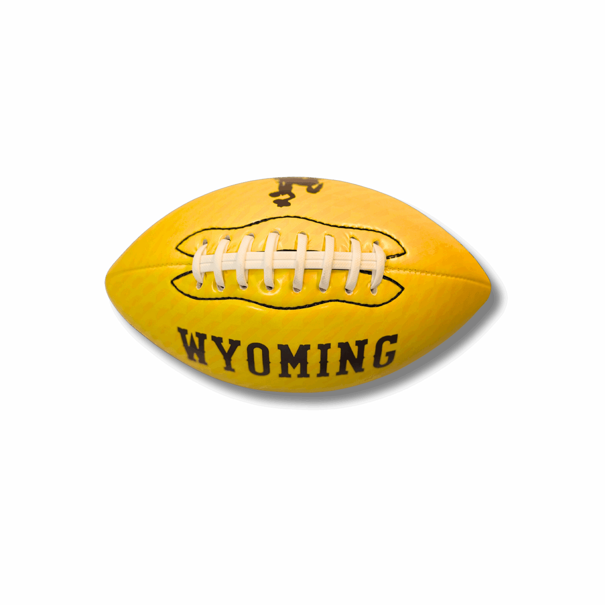 gold mini glossy football with brown bucking horse on one side of laces and brown wyoming lettering on other side. laces are white