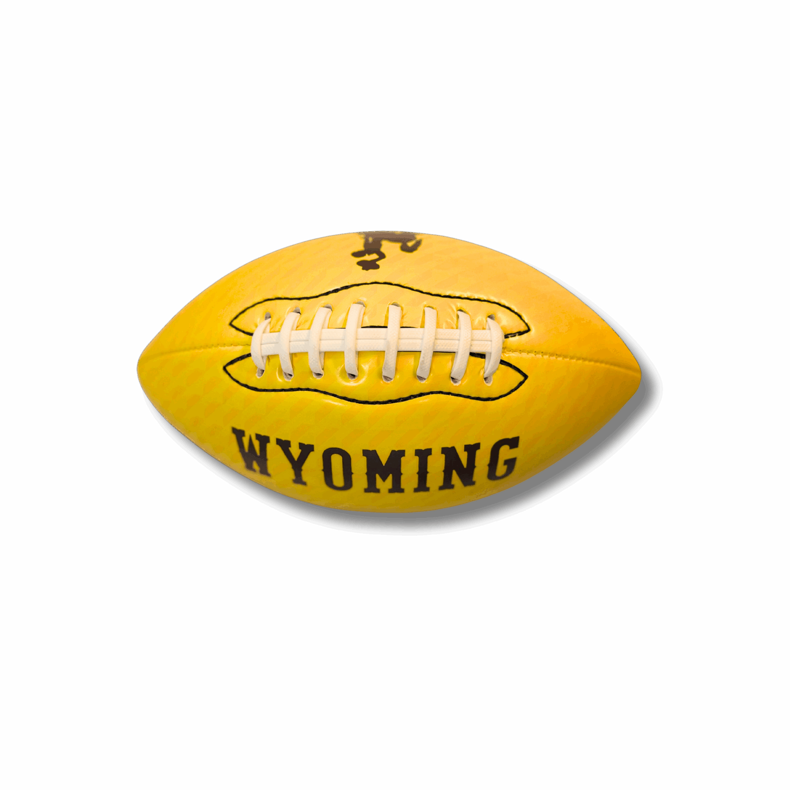 gold mini glossy football with brown bucking horse on one side of laces and brown wyoming lettering on other side. laces are white