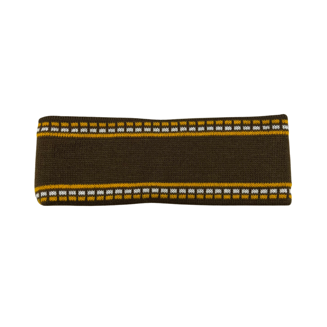 back of brown knitted headband, design is dashed white and gold lines and gold solid line