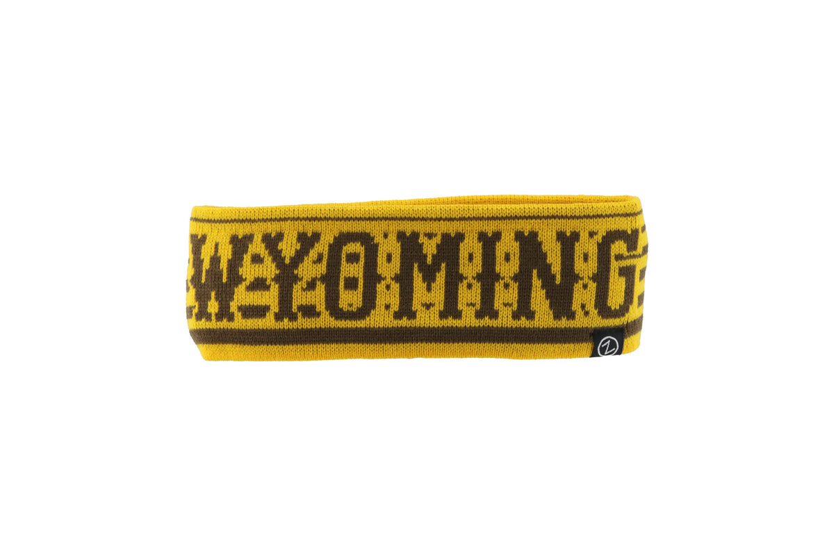Women's striped beanie headband, design is brown word Wyoming in front of brown and gold horizonal stripes
