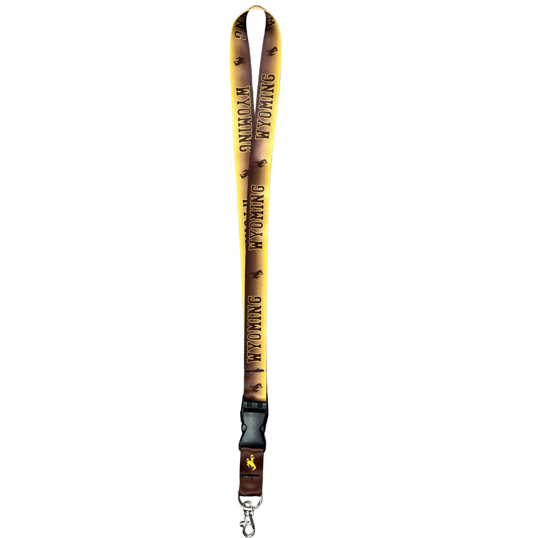 Brown and gold gradient lanyard, design is brown word Wyoming with gold outline, brown bucking horse with gold outline