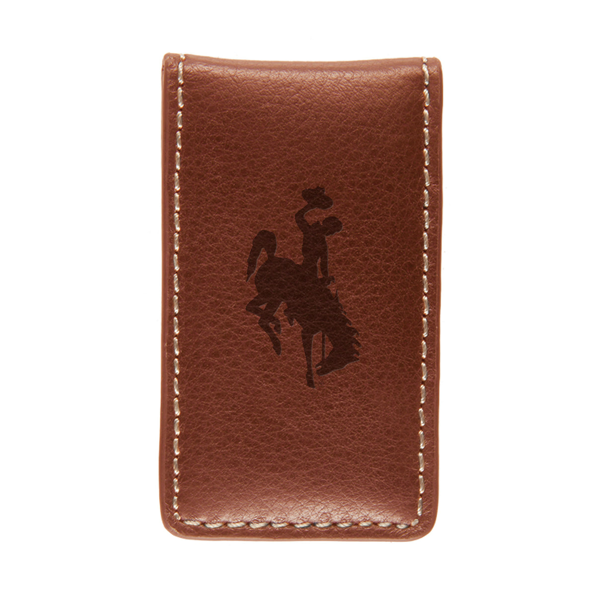 brown leather money clip. has magnets to clamp together. also has imprinted bucking horse on the front of the money clip