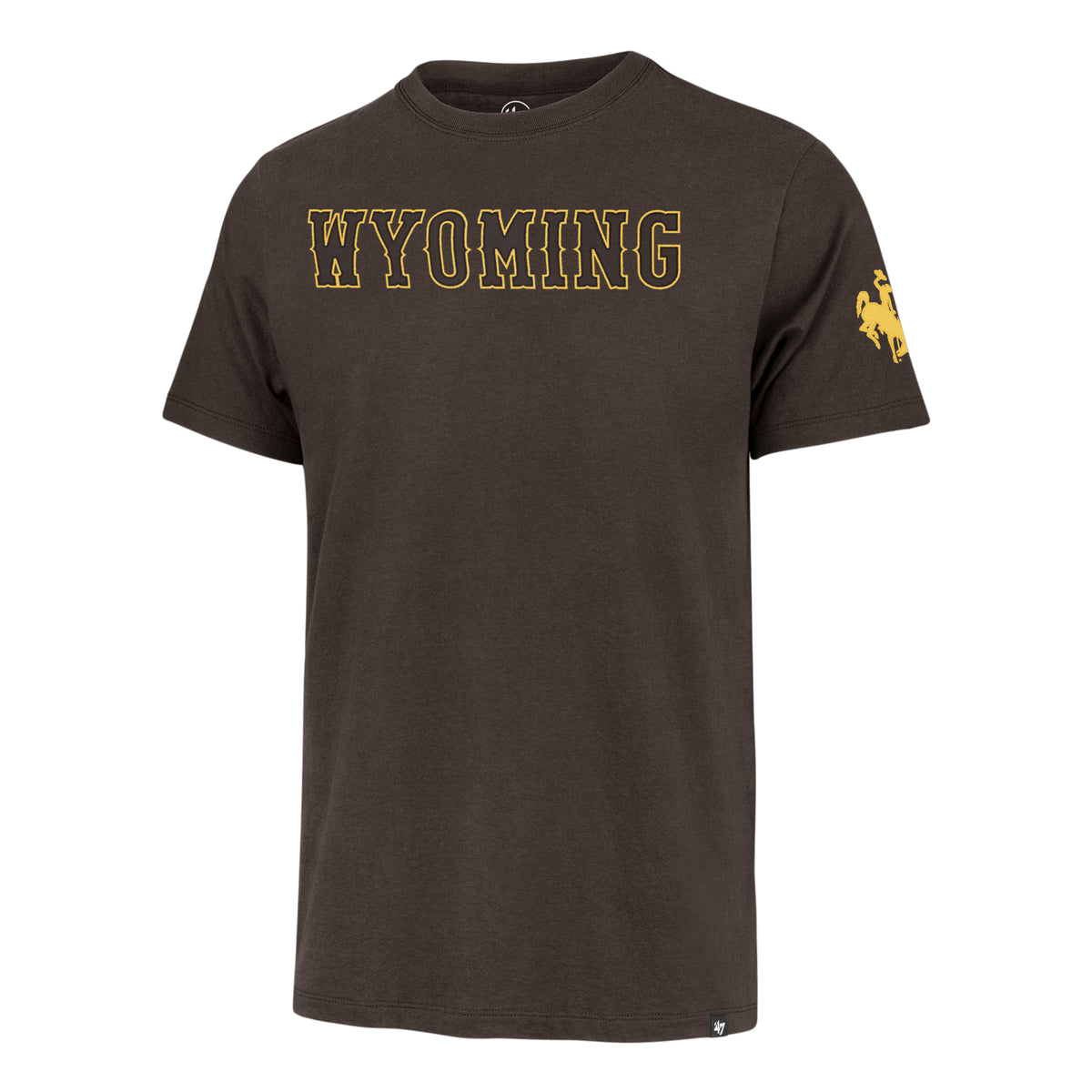 brown short sleeve tee shirt with outlined gold wyoming lettering embroidered on the front center chest. has gold bucking horse on left sleeve