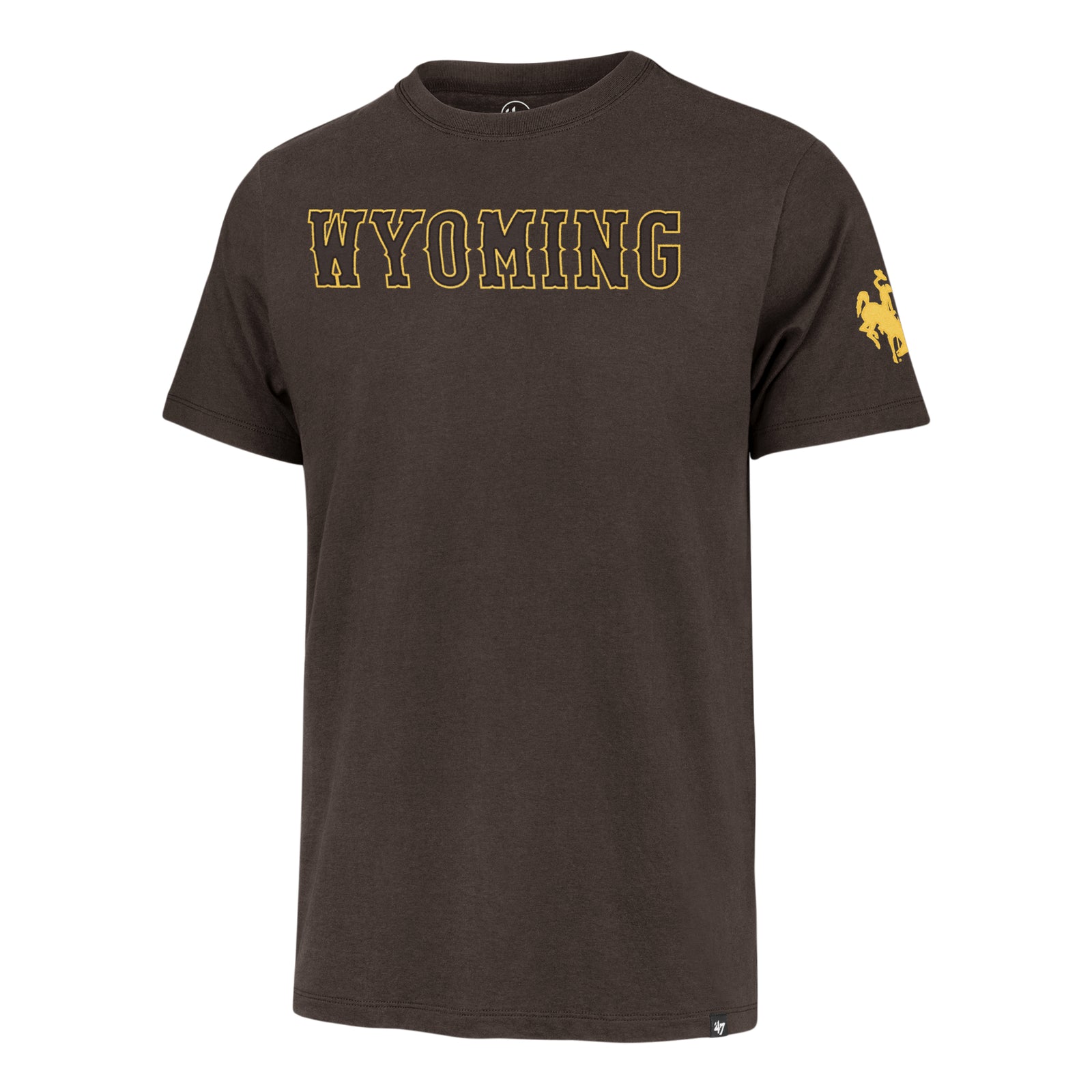 brown short sleeve tee shirt with outlined gold wyoming lettering embroidered on the front center chest. has gold bucking horse on left sleeve