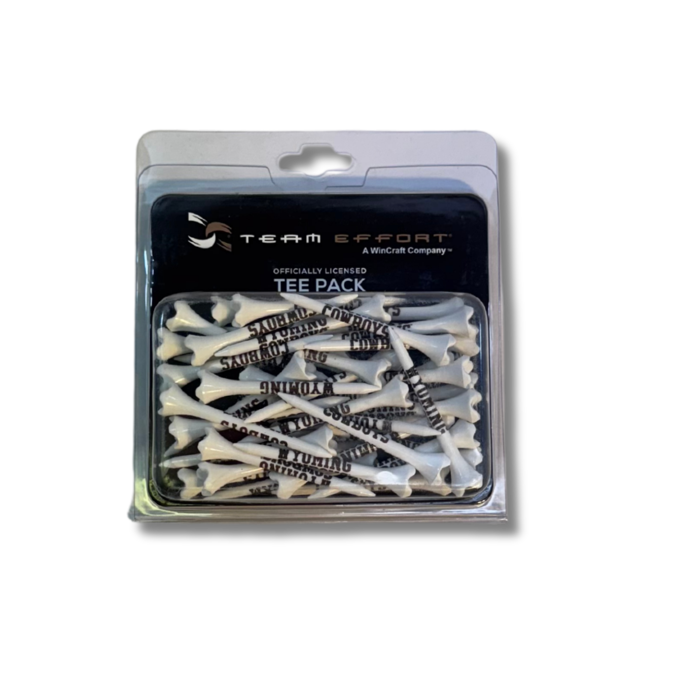 40 pack of white golf tees, design on tees is brown word wyoming cowboys along side of tee