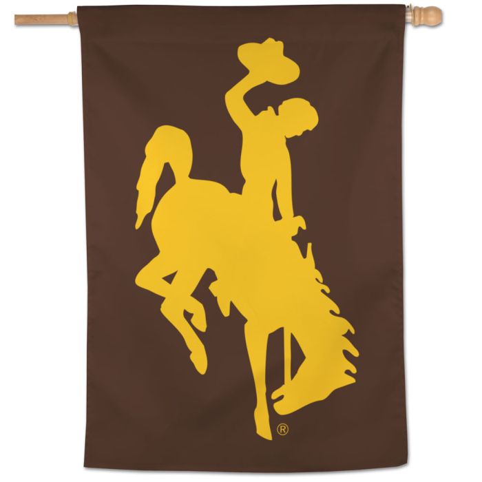 brown vertical flag with large gold bucking horse