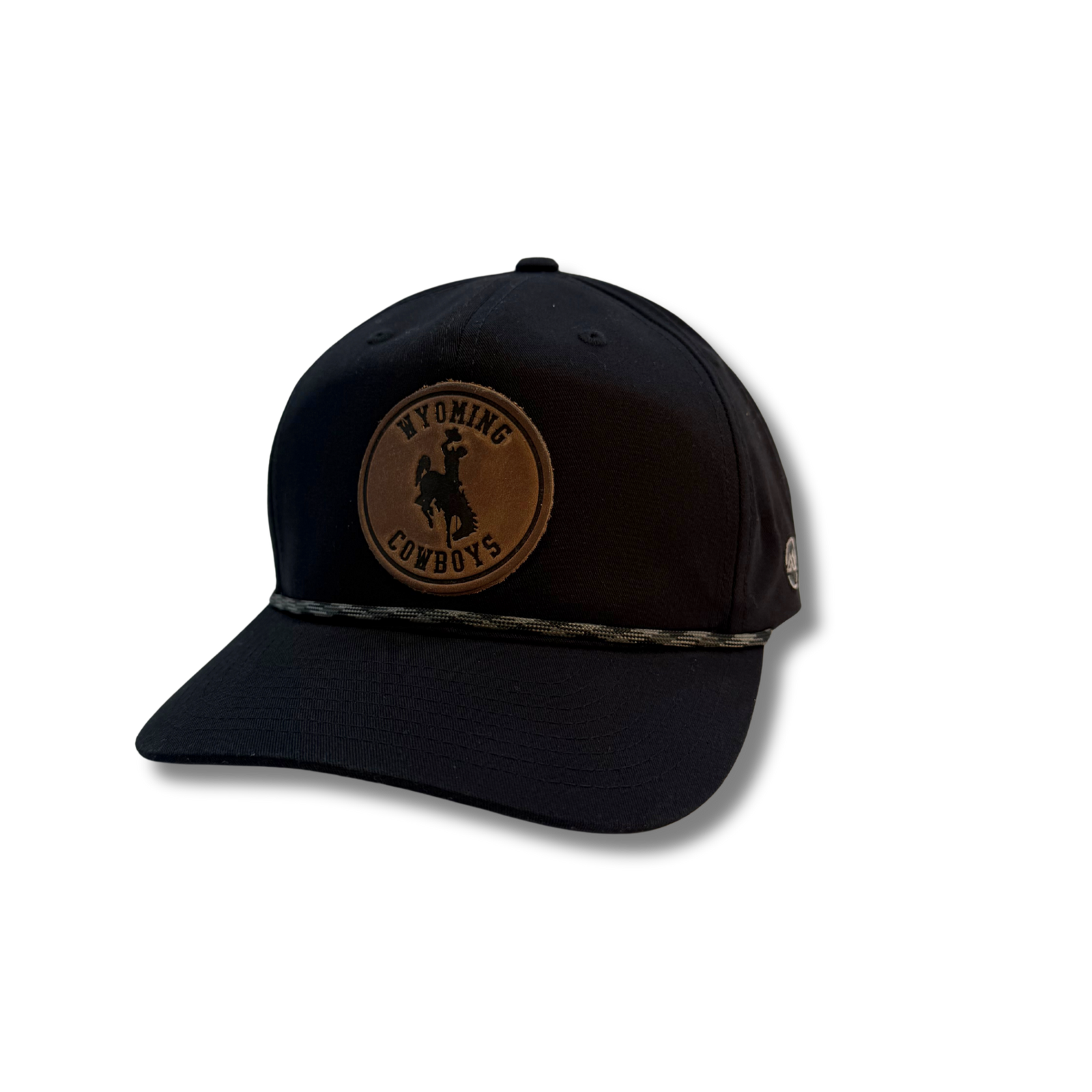 black adjustable hat with charcoal and black rope hat. has circle leather hat patch on front bill with wyoming cowboys on patch
