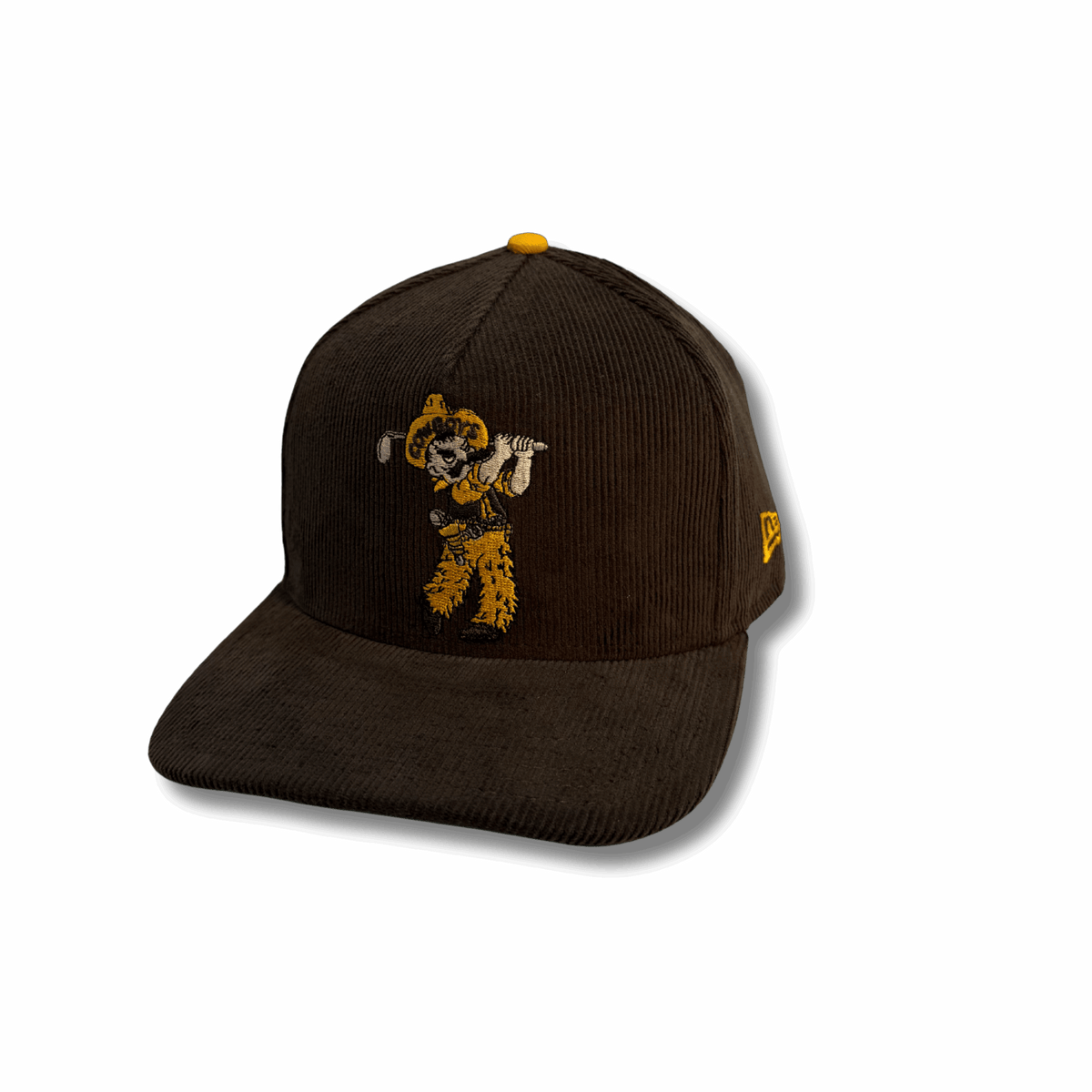 brown adjustable corduroy hat with golfing pistol pete embroidered on the front panel in gold white and brown