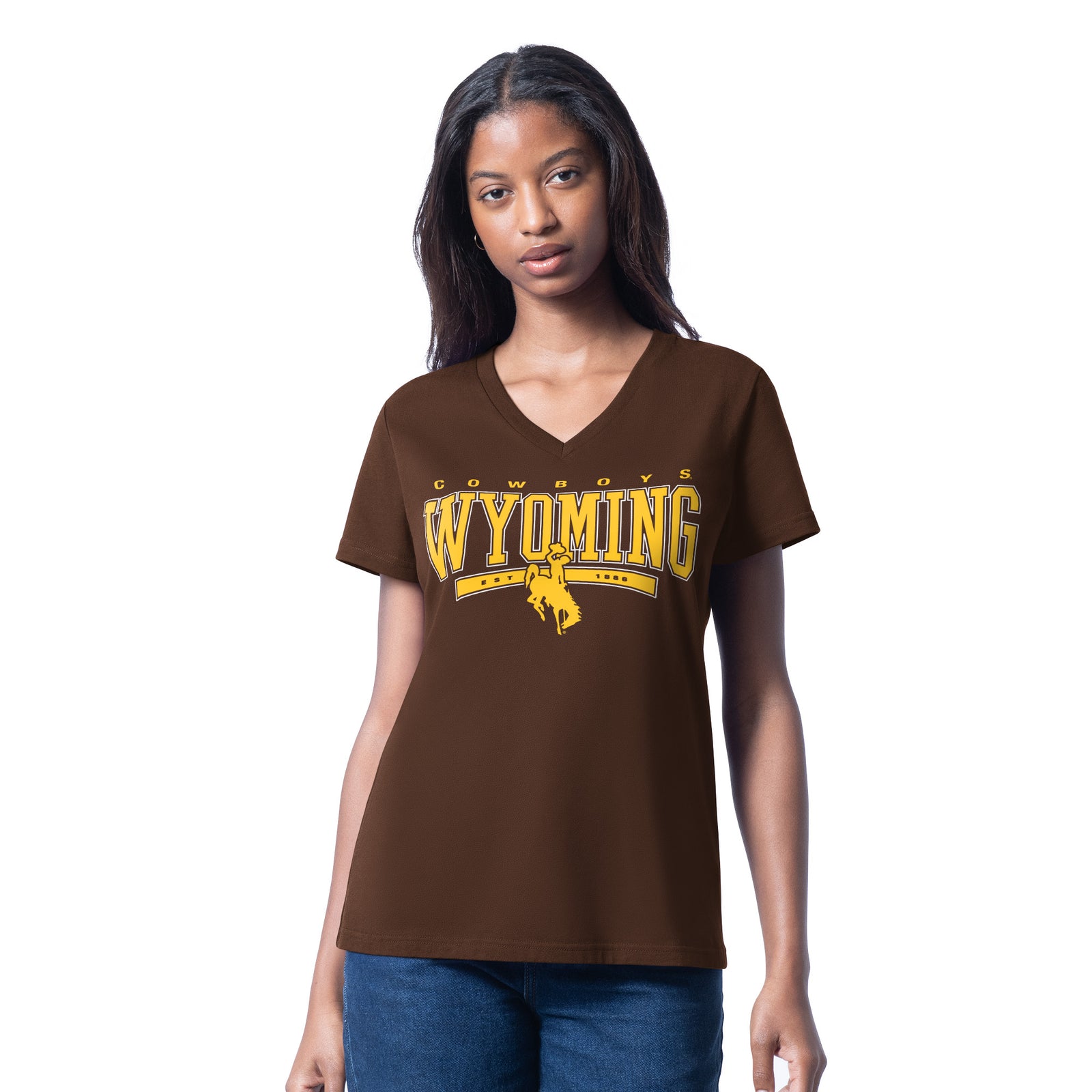 brown women's v-neck tee with gold design center chest. has wyoming lettering with cowboys above and bucking horse below