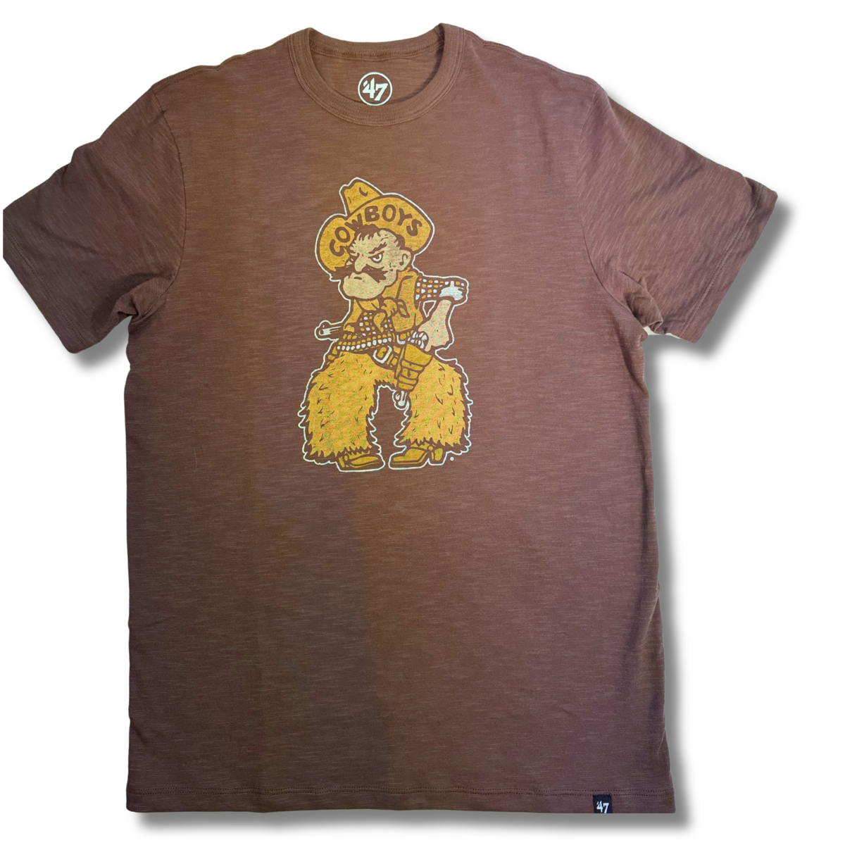 brown distressed tee shirt with big pistol pete logo in white and gold on front center chest