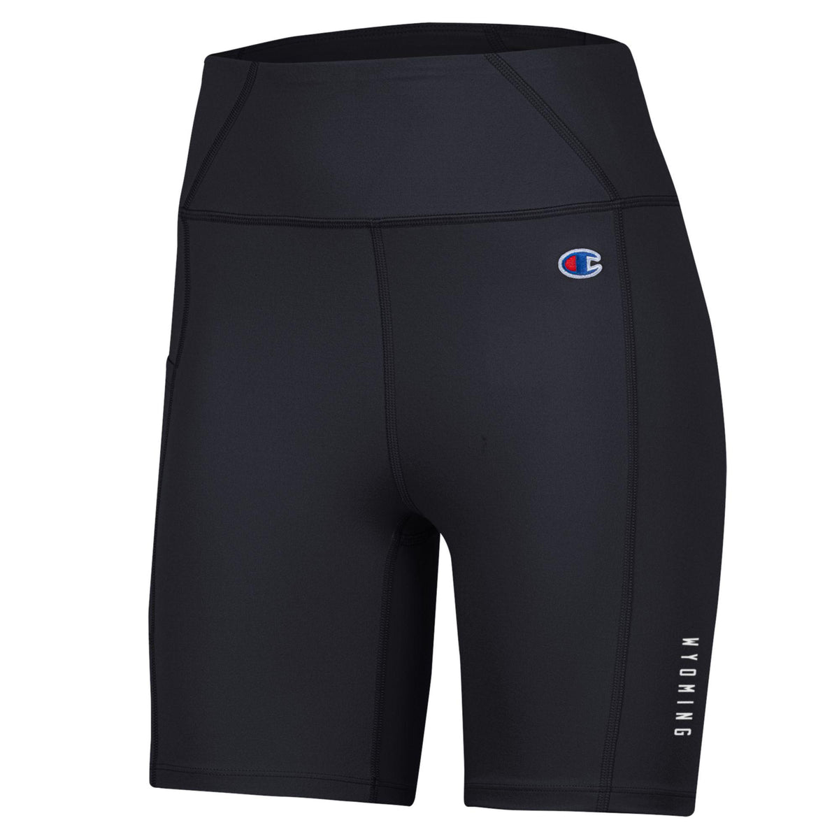 black biker shorts with small wyoming in white on left thigh