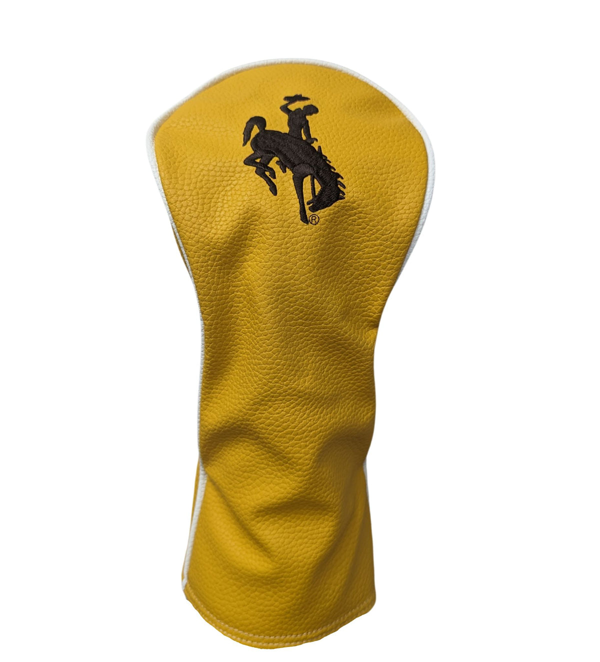 Gold driver golf club cover with white trim details, design is brown bucking horse
