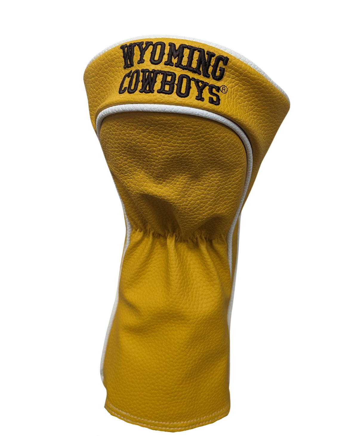 Gold driver golf club cover with white trim details, design is brown bucking horse