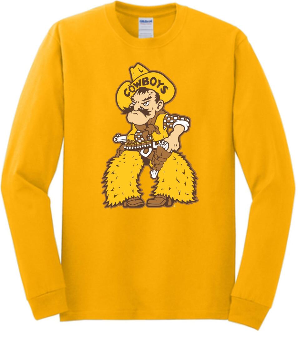 Gold short sleeve tee, design is large Pistol Pete logo centered on tee. Pistol pete is brown, tan, gold and white.