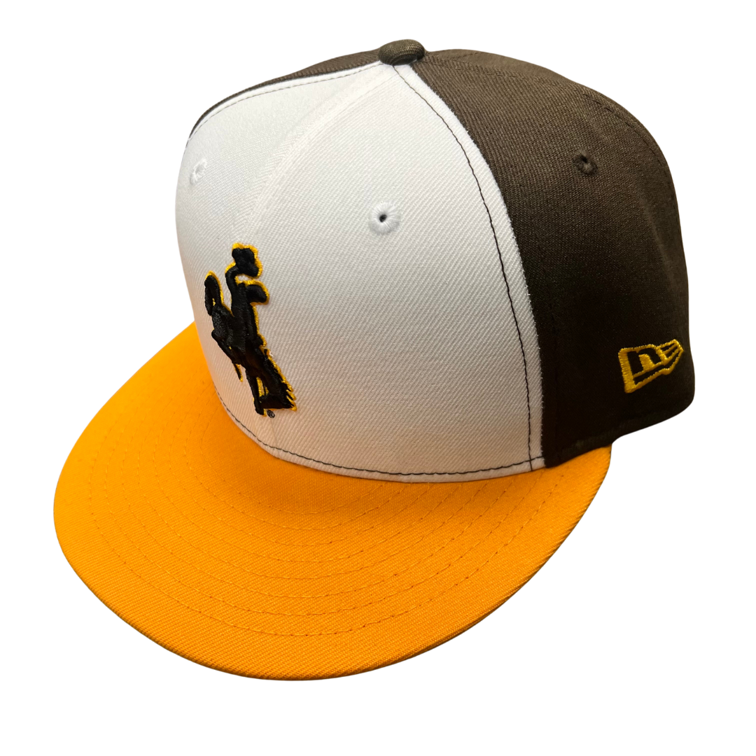 White and brown hat with gold flat bill, design is brown bucking horse gold outline