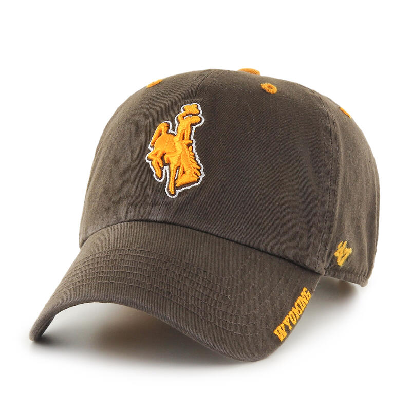 brown adjustable hat with gold embroidered bucking horse with white outline on front. wyoming on brim in gold