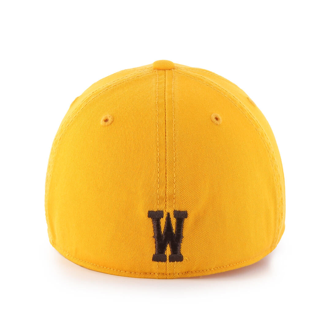 gold unstructured hat with curved bill and embroidered bucking horse on front in brown and W on back in brown