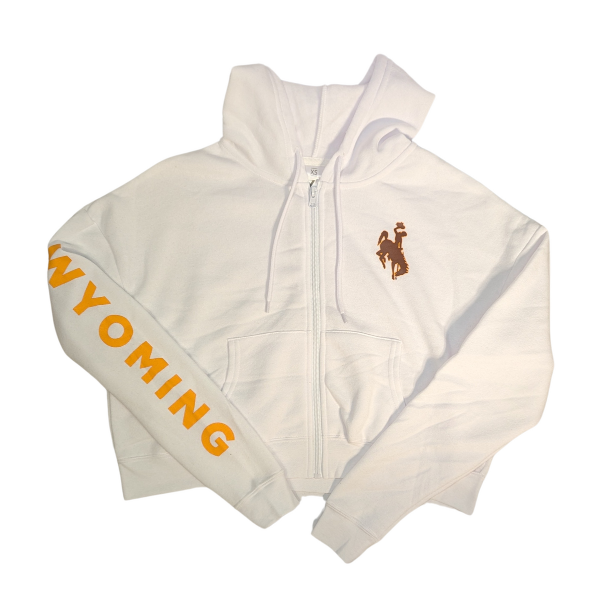 white full zip hooded jacket. gold wyoming down right arm in bold text with medium bucking horse in brown on left chest