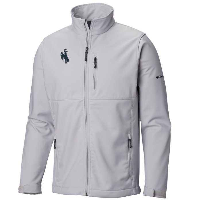 Cool grey, Columbia brand, soft shell full zip jacket. two front pockets. silver grey bucking horse embroidered on left chest