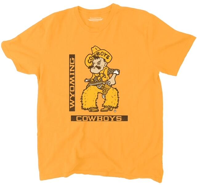 Men's gold short sleeve t-shirt with classic Pistol Pete in center. To the left of Pistol Pete, Wyoming with brown box outline. Below Pete, Cowboys with brown box outline.