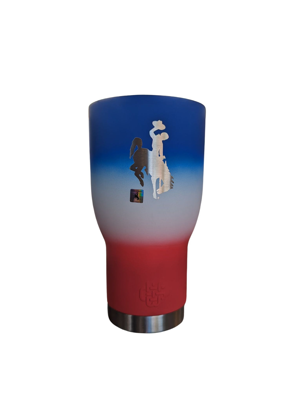 30-ounce, stainless steel tumbler with at gradient red, white and blue color with etched bucking horse on front.