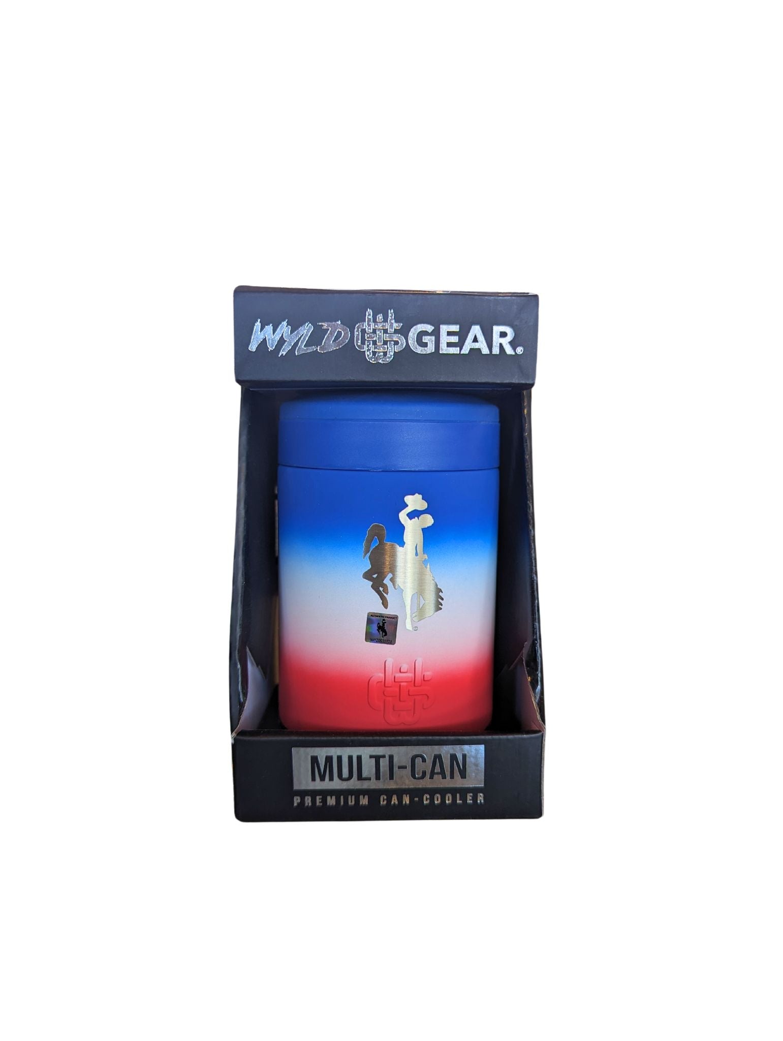 12 ounce multi-can tumbler with gradient red, white and blue. etched bucking horse on front.