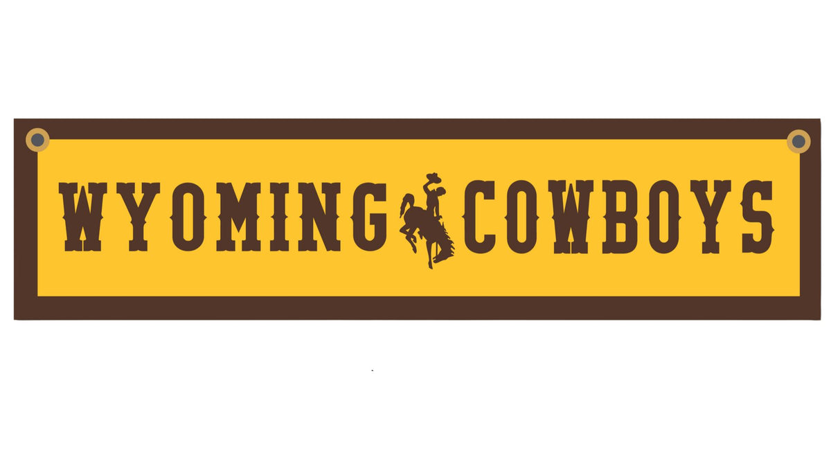 rectangular 9x36 banner. brown boarder with gold center. across banner, wyoming, bucking horse, cowboys in brown block text.