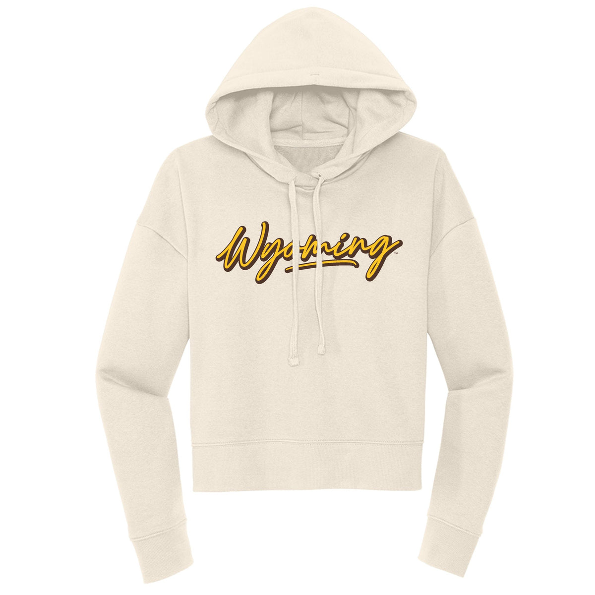 white hooded sweatshirt with script wyoming center chest in gold with brown outline.