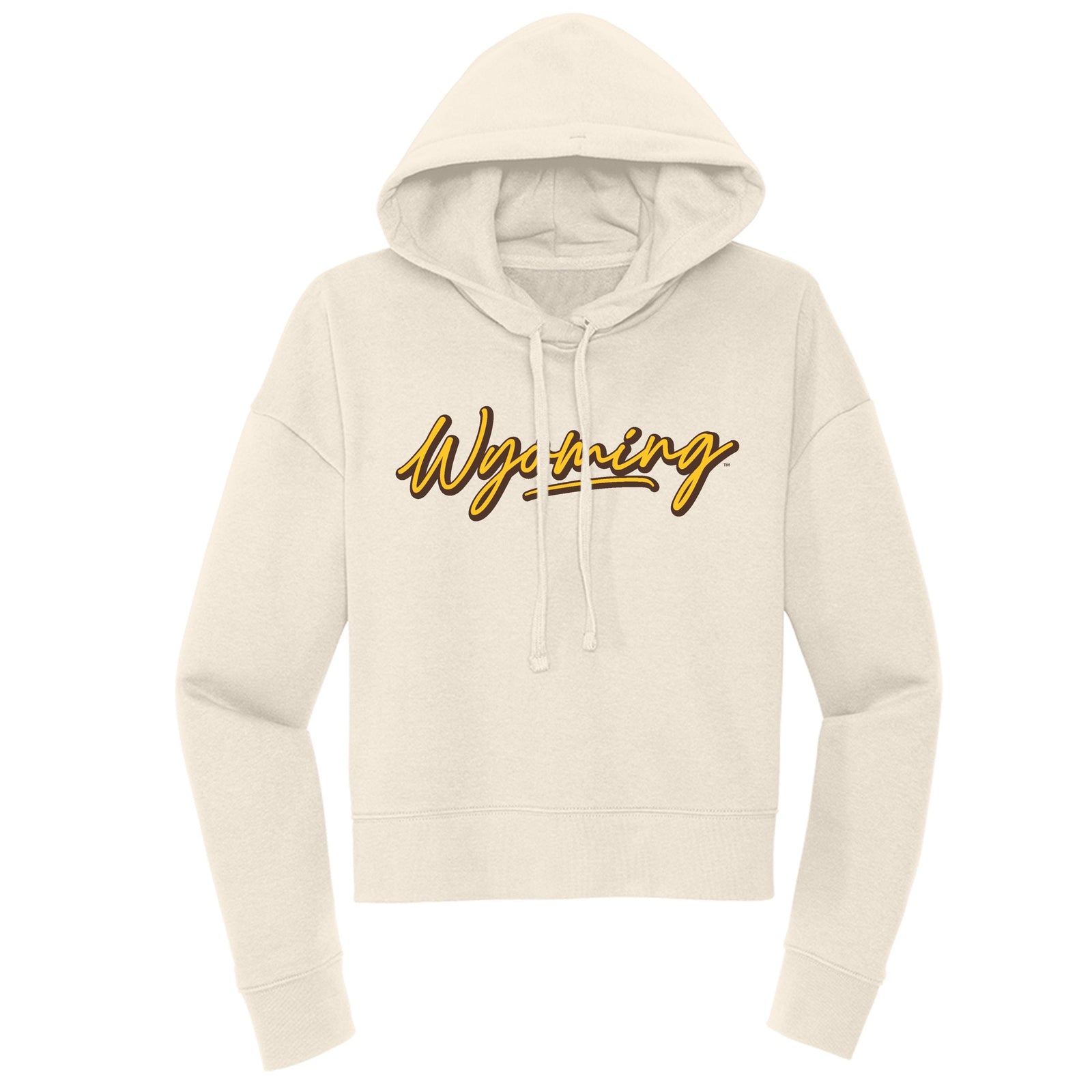 white hooded sweatshirt with script wyoming center chest in gold with brown outline.