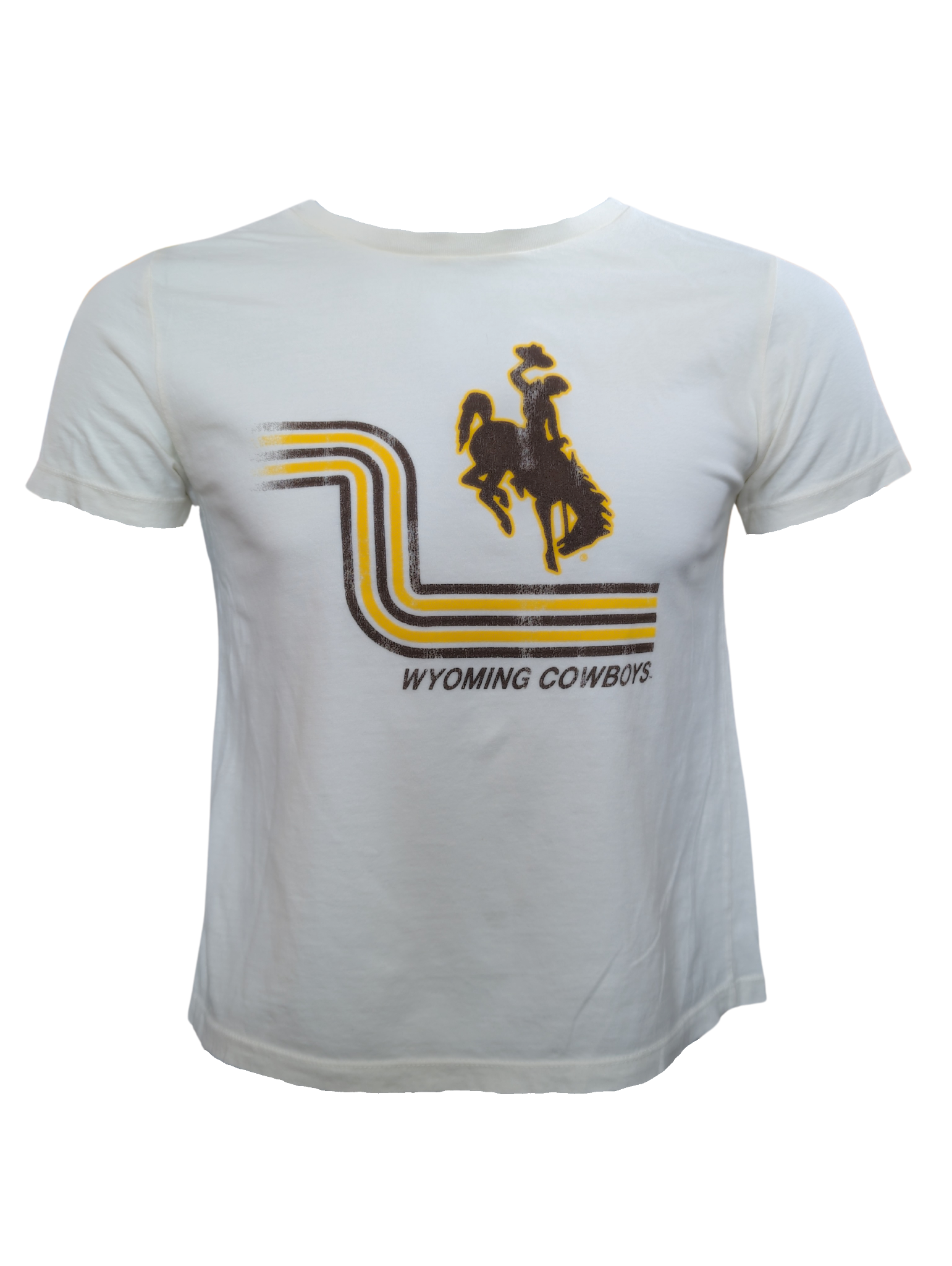 off white short sleeve tee. On front, left center is brown bucking horse with gold outline. Below, L shaped retro stripes in gold and brown, with wyoming cowboys under.