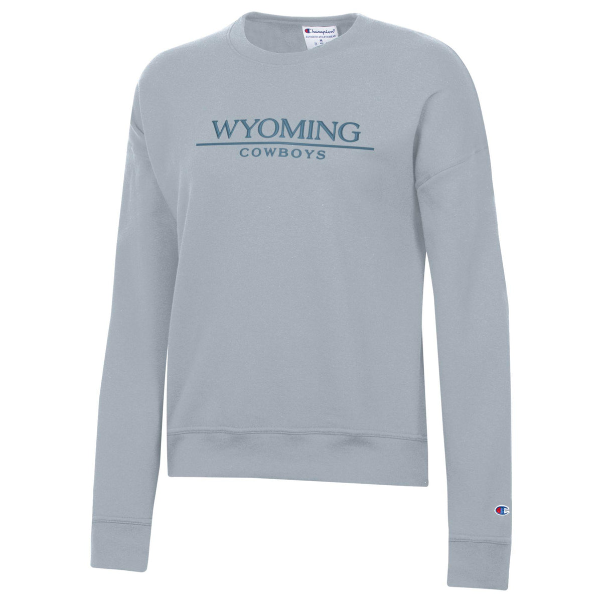 blue/grey crewneck sweatshirt with tonal embroidery on center chest. Wyoming with line under and cowboys at bottom
