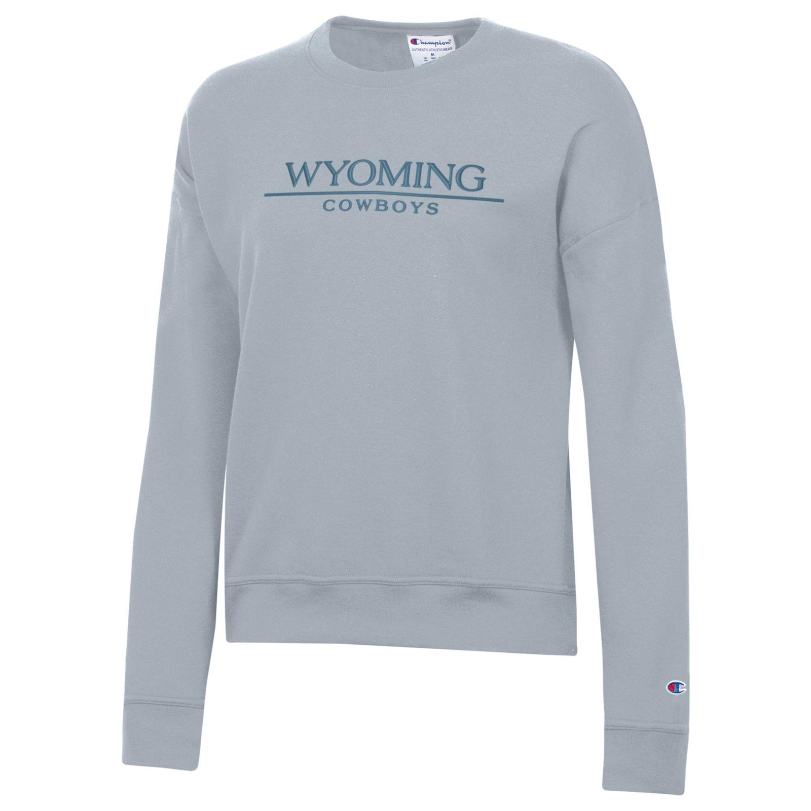blue/grey crewneck sweatshirt with tonal embroidery on center chest. Wyoming with line under and cowboys at bottom