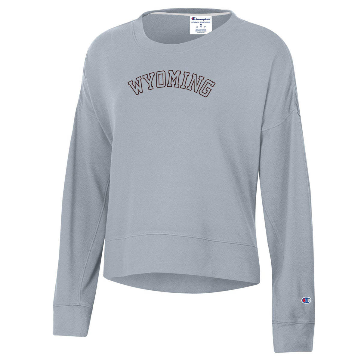 Womens grey crewneck with 8 in design across center chest. black outline wyoming arced with no fill