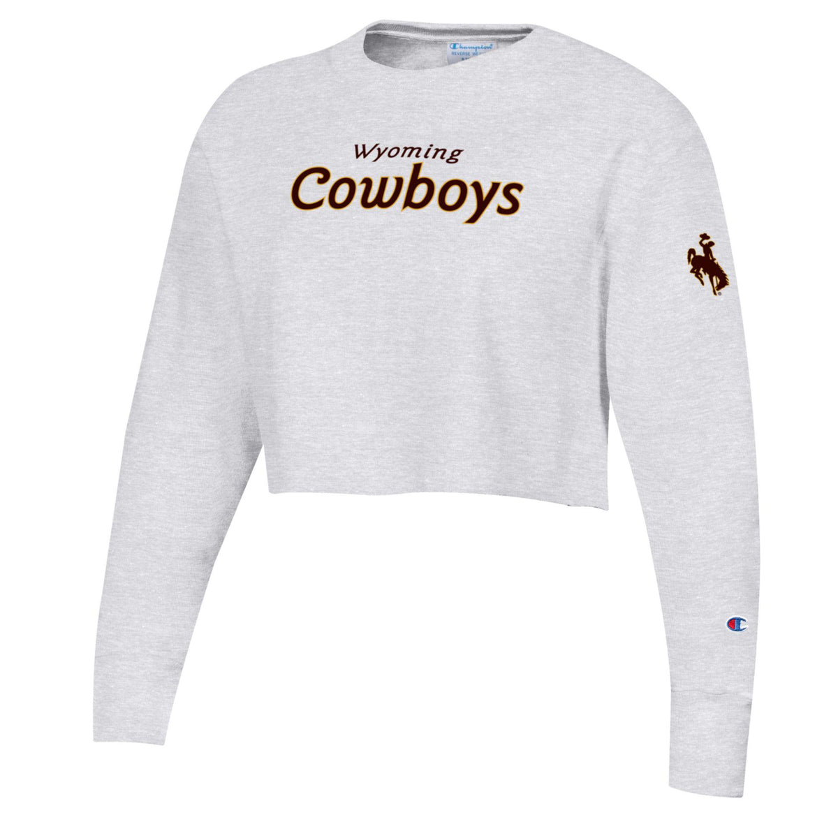 grey cropped crewneck sweatshirt. on front, cowboys on center chest with smaller wyoming on top. bucking horse on left sleeve all text is brown with gold outline.