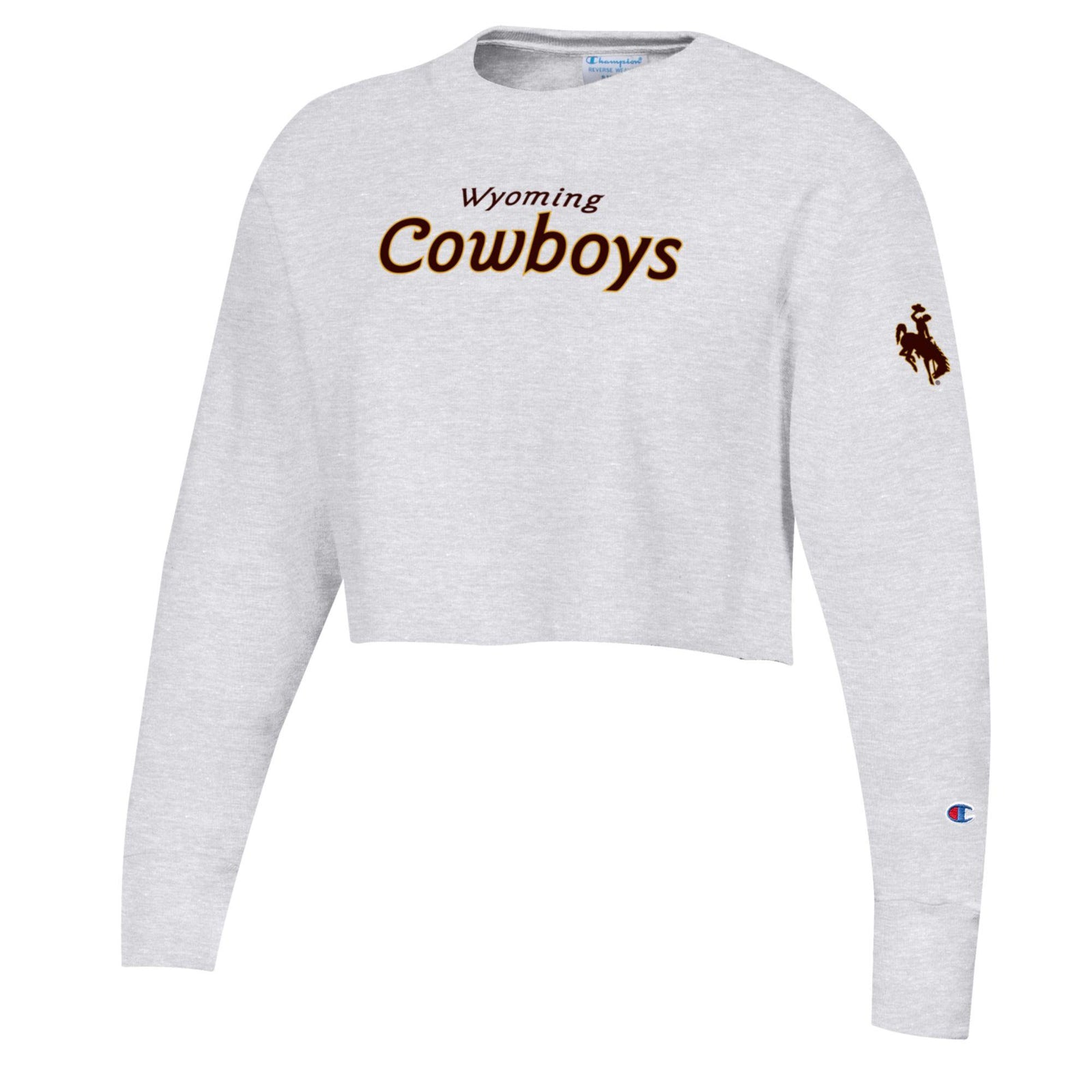 grey cropped crewneck sweatshirt. on front, cowboys on center chest with smaller wyoming on top. bucking horse on left sleeve all text is brown with gold outline.